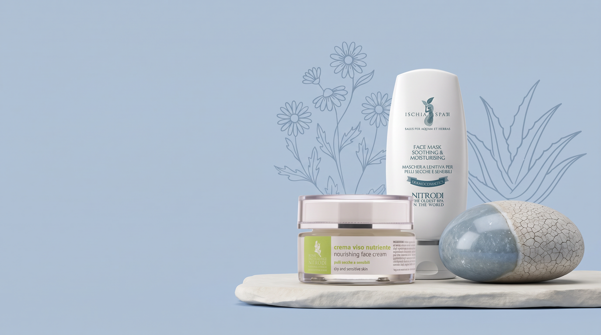 Crema Viso Nutriente e Maschera Lenitiva per pelli secche e sensibili su pietre chiare, fondo azzurro