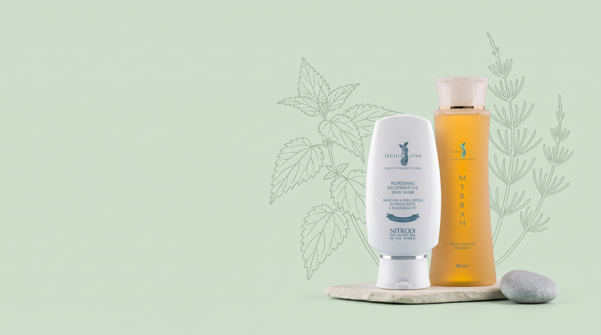 Shampoo Rivitalizzante Myrrah e Maschera Capelli Berenice su pietra chiara, fondo verde salvia