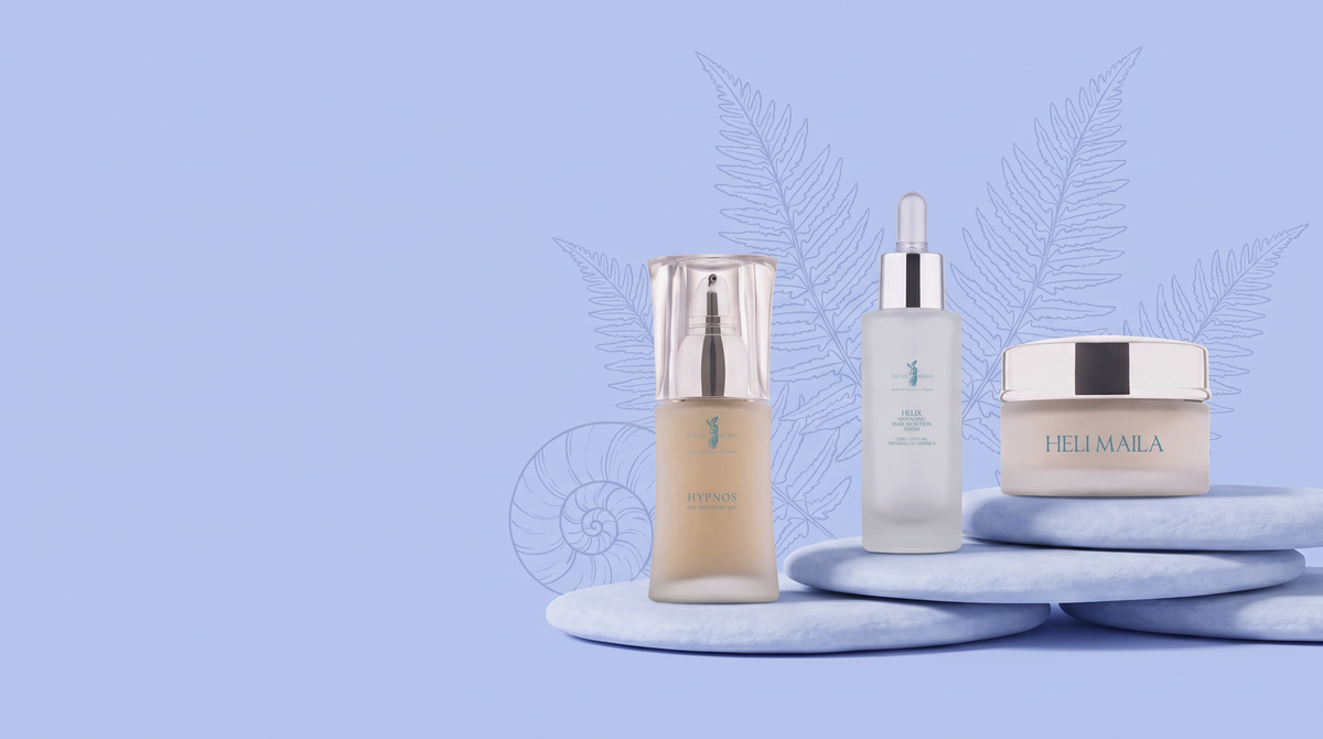 Gel contorno occhi Hypnos, siero Helix e crema Heli Maila disposti in sequenza su pietre a gradini, fondo pervinca