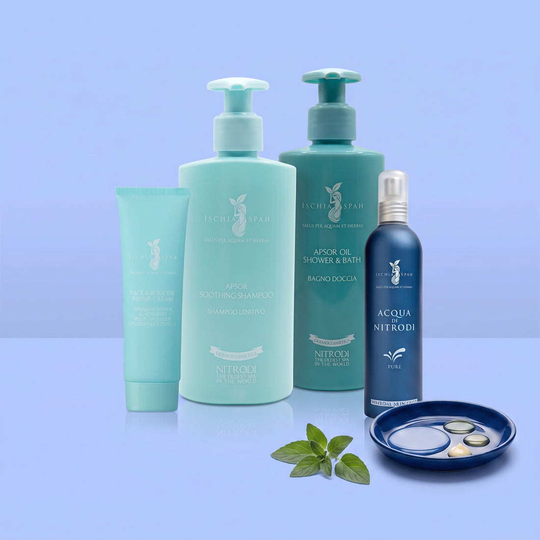 Kit Psoriasi e Dermatiti Ischia SPAEH: shampoo e bagno doccia Apsor, crema e acqua termale di Nitrodi spray