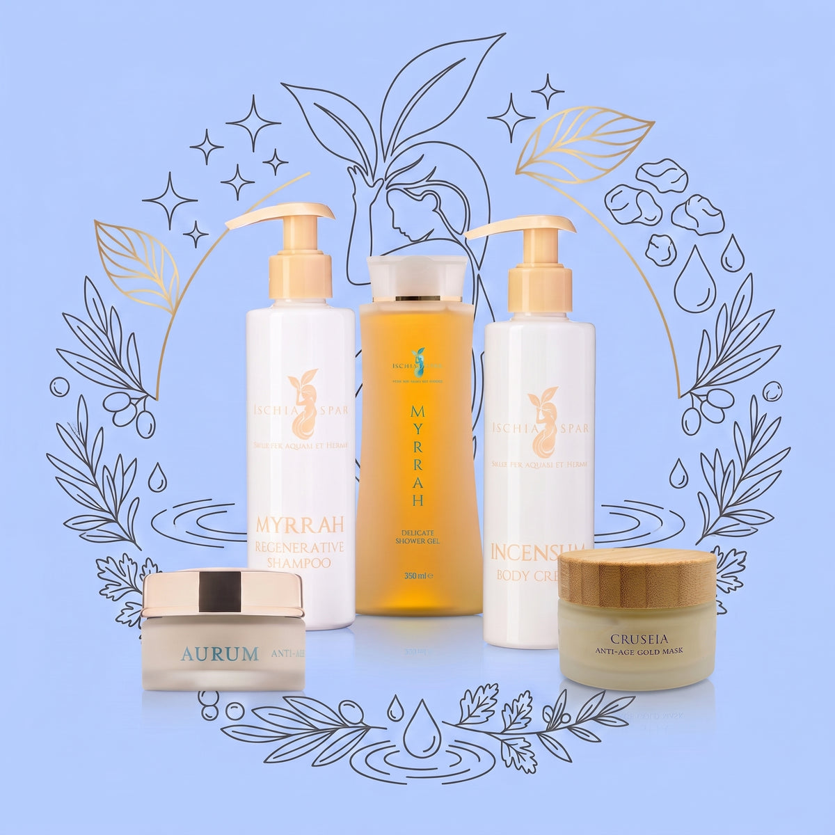 Rituale Oro Ischia SPAEH: linea Myrrah, Incensum, crema Aurum e maschera all'oro Cruseia