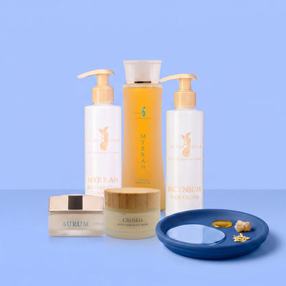Rituale Oro Ischia SPAEH: i prodotti del kit su fondo azzurro con piattino
